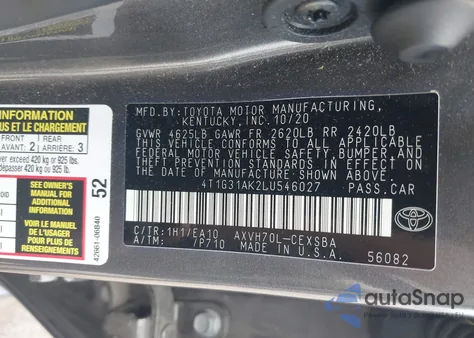2020 Toyota Camry Se z USA, uszkodzony, nr VIN 4T1G31AK2LU546027